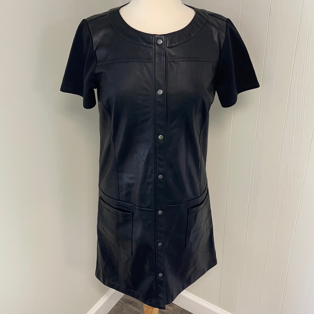 NYC Black Faux Leather Snap Dress Biker Chic NWT